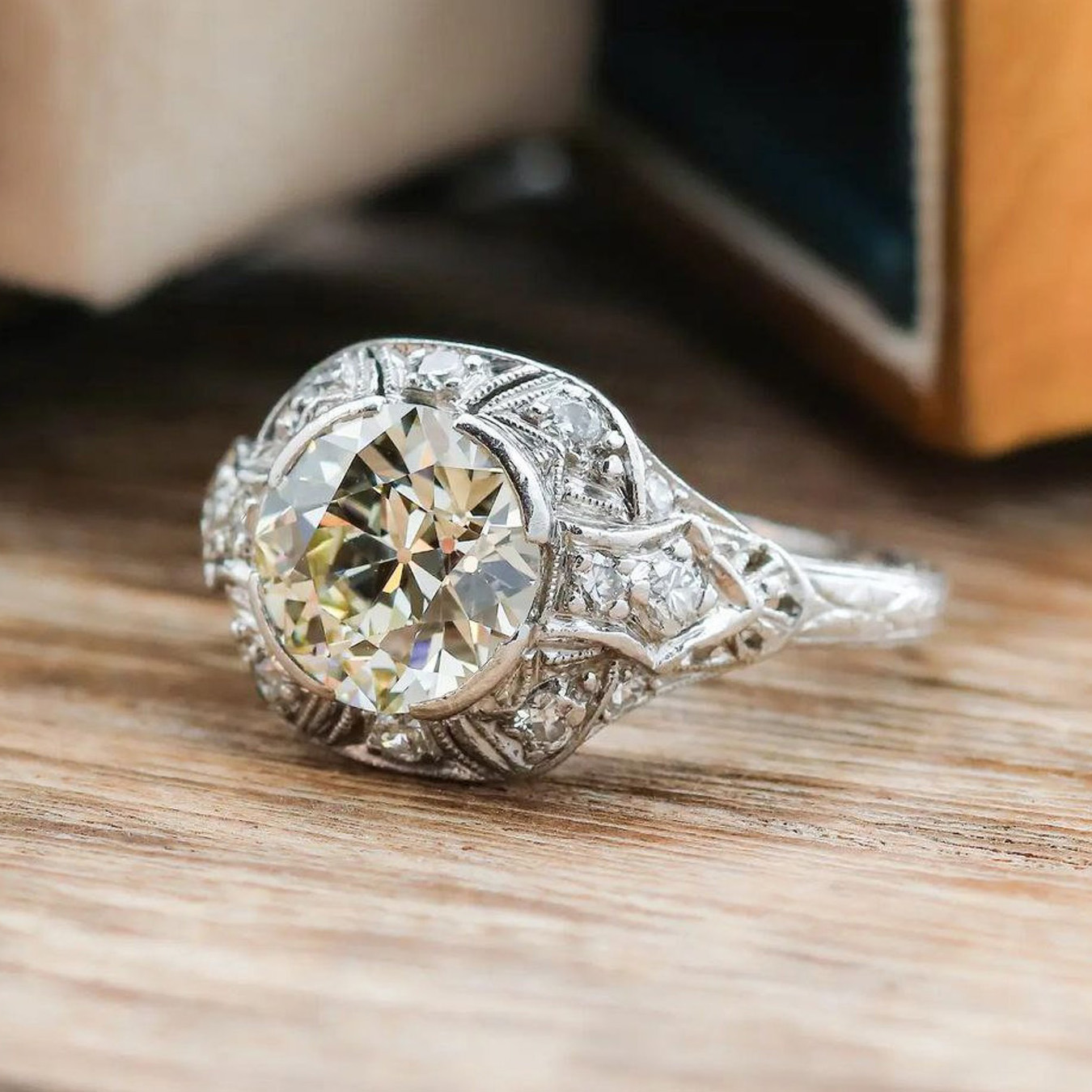 Round Cut Diamond White Halo Art Deco Engagement Ring in 925 Sterling Silver