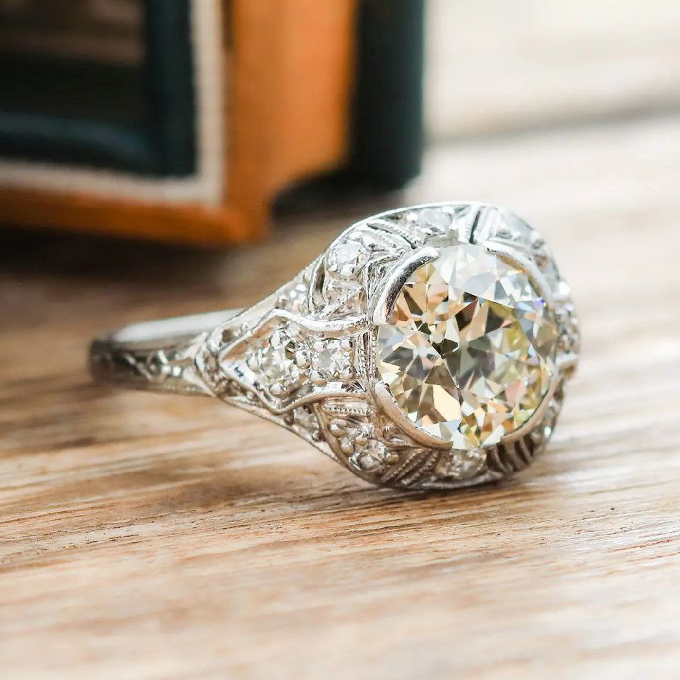 Round Cut Diamond White Halo Art Deco Engagement Ring in 925 Sterling Silver