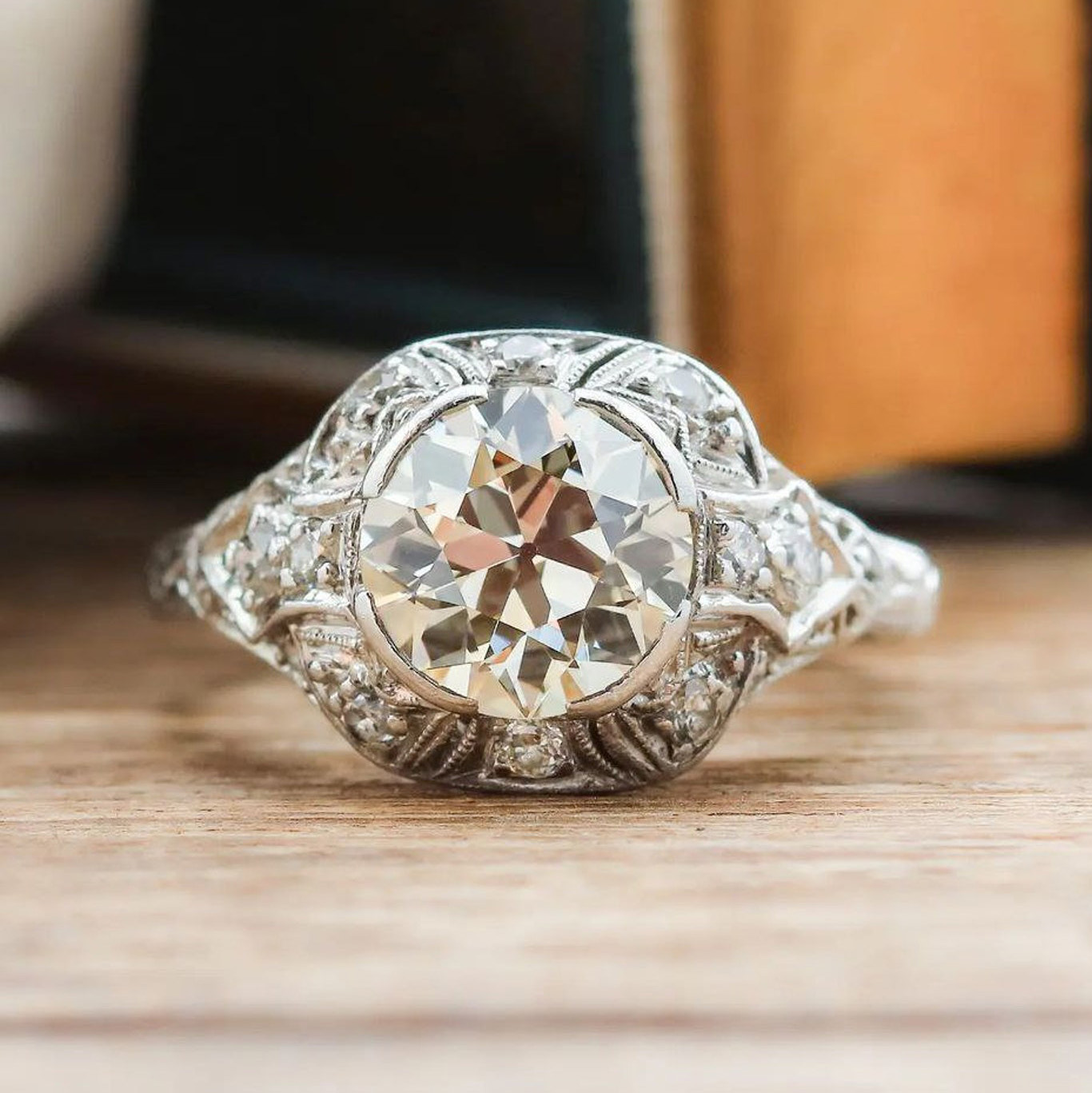 Round Cut Diamond White Halo Art Deco Engagement Ring in 925 Sterling Silver