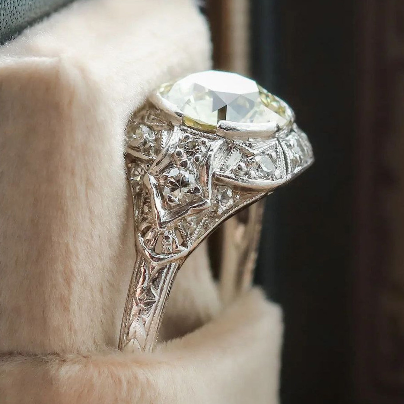 Round Cut Diamond White Halo Art Deco Engagement Ring in 925 Sterling Silver