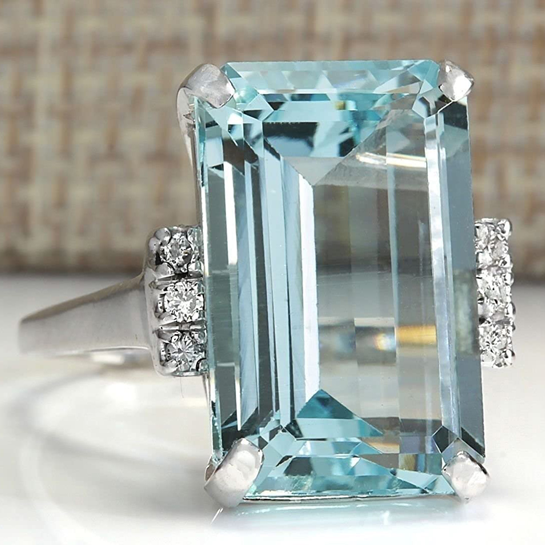 Aquamarine Blue Emerald Cut 925 Sterling Silver Classic Engagement Ring