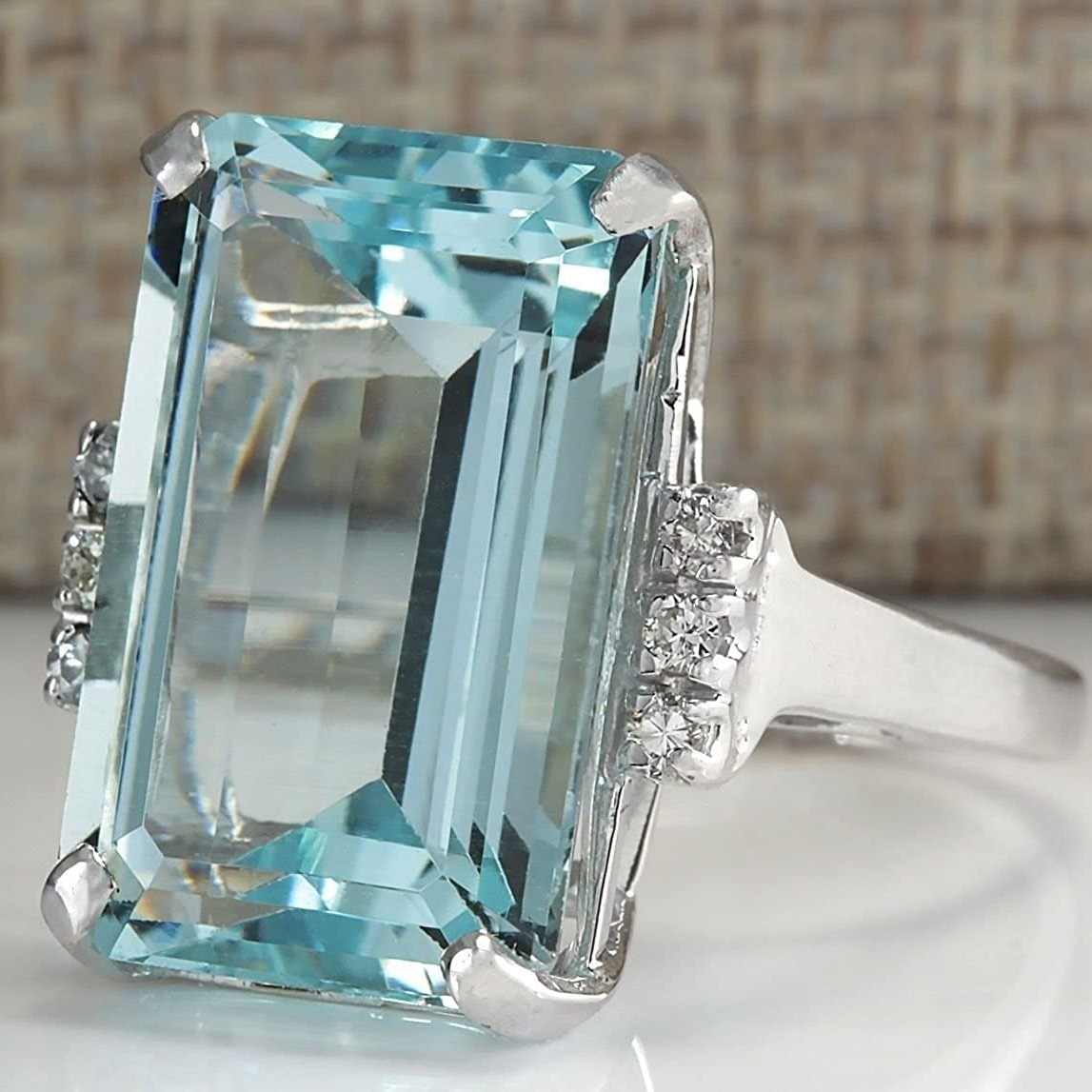 Aquamarine Blue Emerald Cut 925 Sterling Silver Classic Engagement Ring