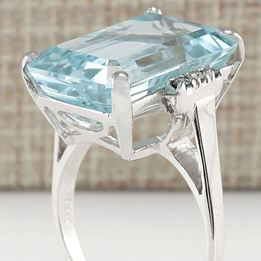 Aquamarine Blue Emerald Cut 925 Sterling Silver Classic Engagement Ring