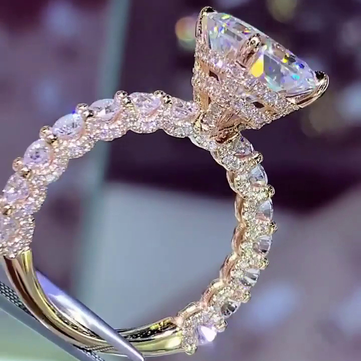 Radiant Cut Diamond White Yellow Gold Art Deco Engagement Ring in 925 Sterling Silver