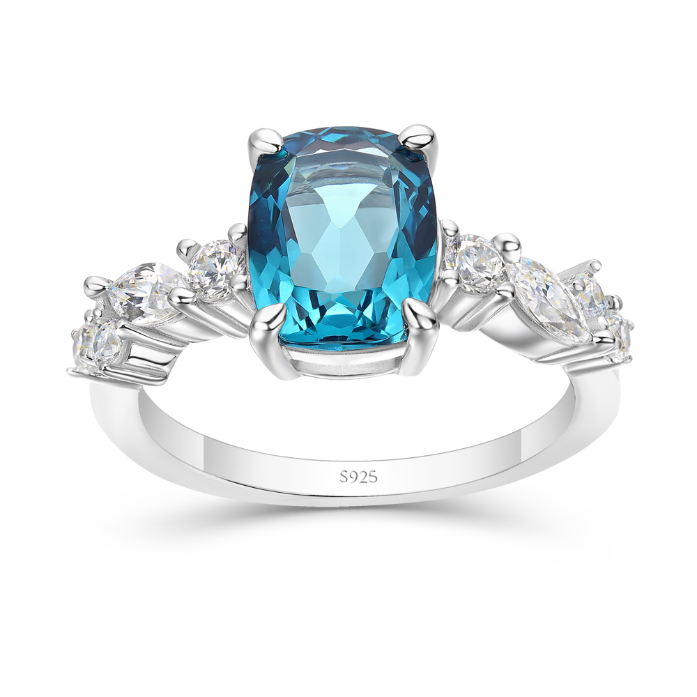 Radiant Cut Aquamarine Blue 925 Sterling Silver Engagement Ring