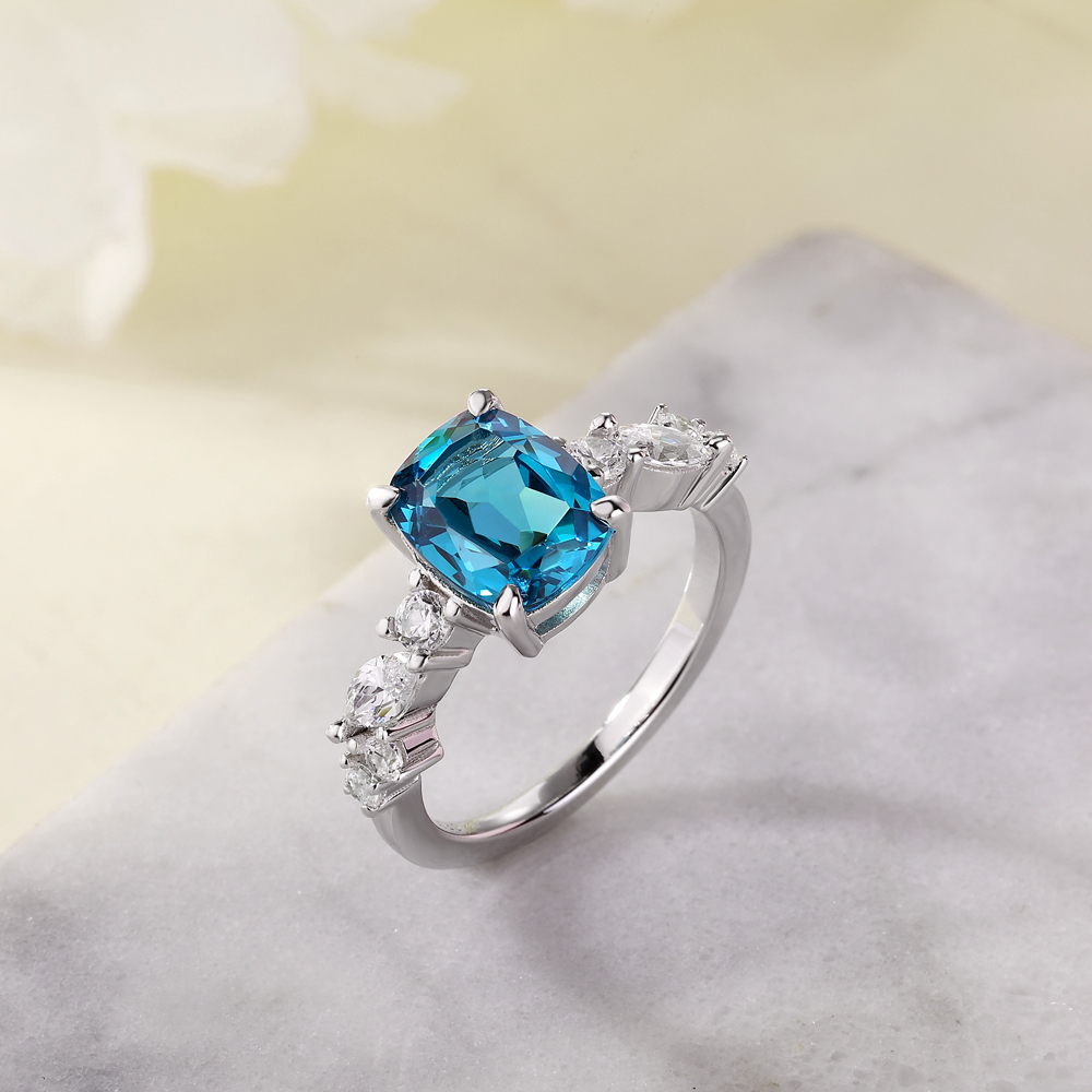 Radiant Cut Aquamarine Blue 925 Sterling Silver Engagement Ring