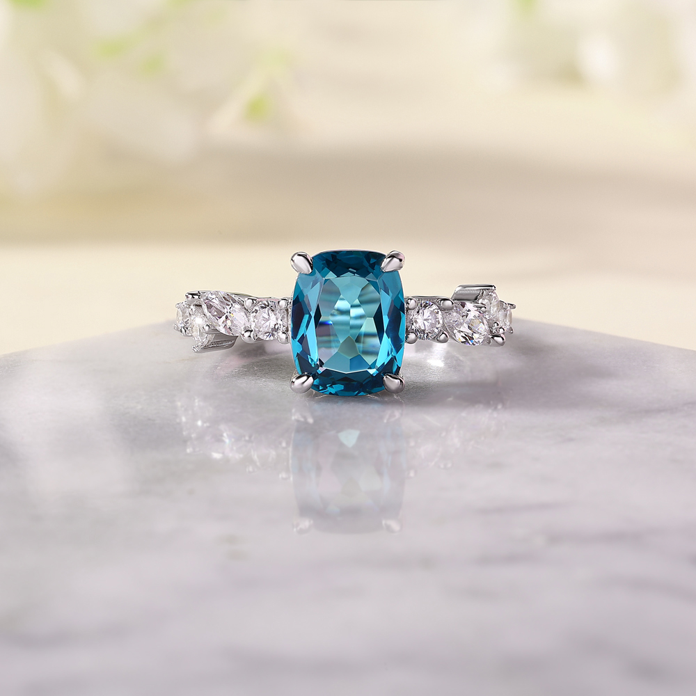 Radiant Cut Aquamarine Blue 925 Sterling Silver Engagement Ring