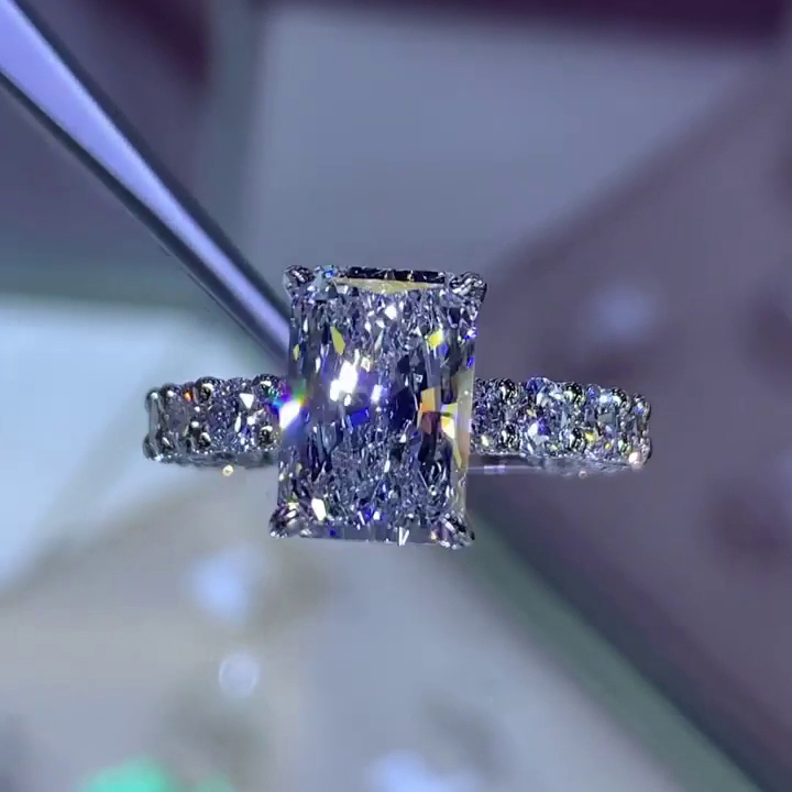 Radiant Cut Diamond White Art Deco Engagement Ring in 925 Sterling Silver