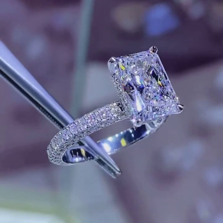 Radiant Cut Diamond White Art Deco Halo Engagement Ring in 925 Sterling Silver