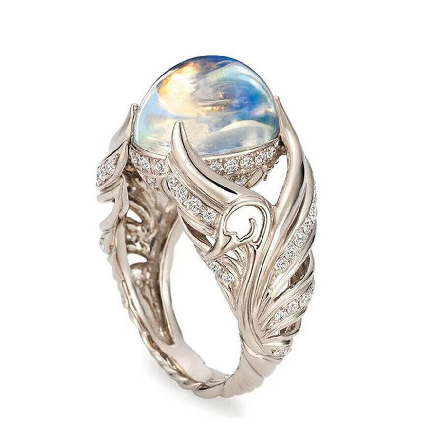 Angel Wings Moonstone Halo Engagement Ring in 925 Sterling Silver