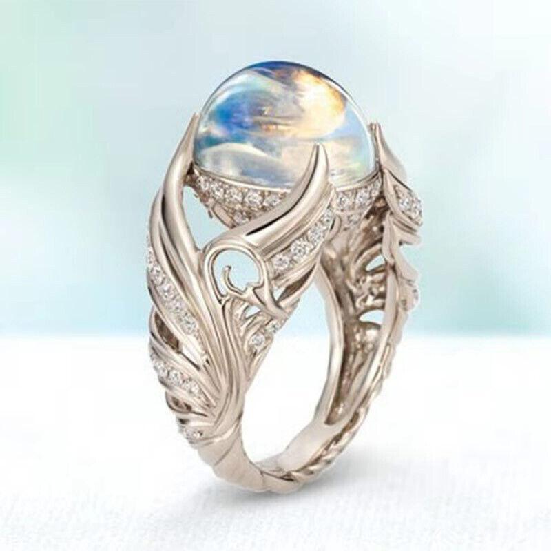 Angel Wings Moonstone Halo Engagement Ring in 925 Sterling Silver