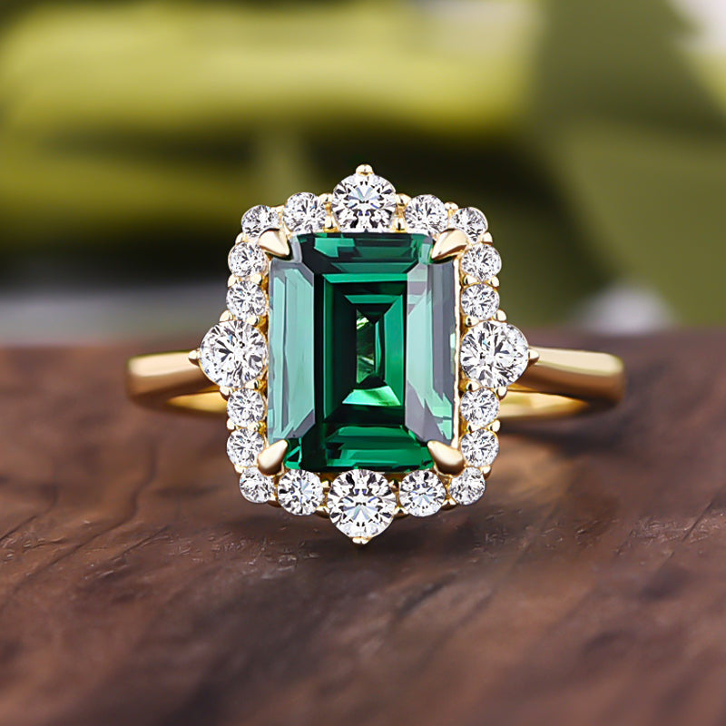 Emerald Cut Emerald Green Yellow Gold Halo Engagement Ring in 925 Sterling Silver
