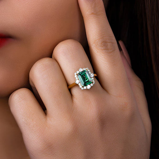 Emerald Cut Emerald Green Yellow Gold Halo Engagement Ring in 925 Sterling Silver