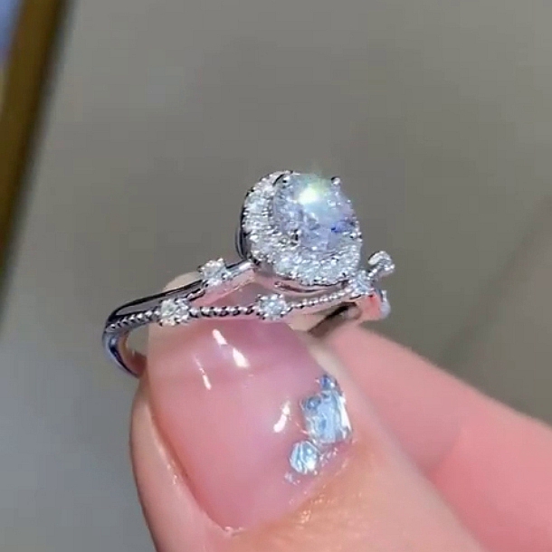 Round Cut Diamond White Halo Art Deco Engagement Ring in Sterling Silver