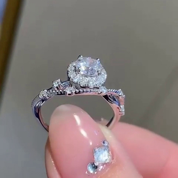 Round Cut Diamond White Halo Art Deco Engagement Ring in Sterling Silver