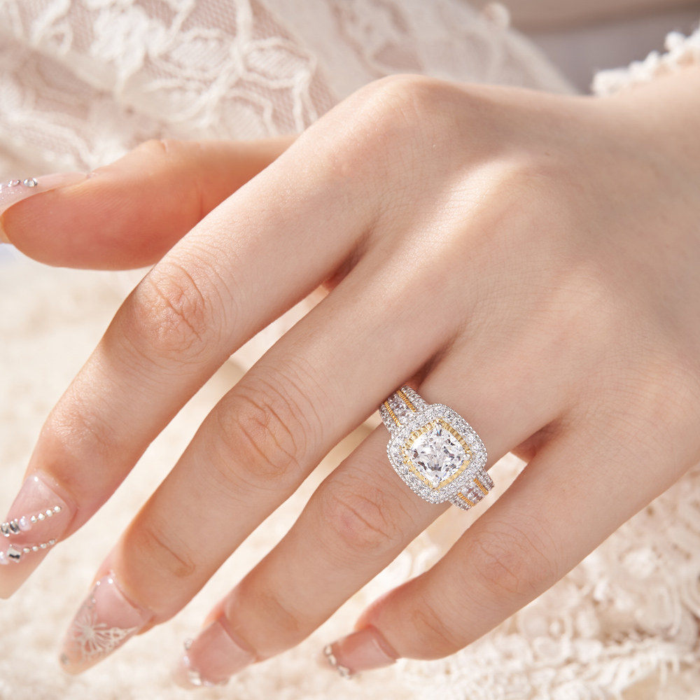 Cushion Cut Diamond White Sterling Silver Two-tone Halo Engagement Ring