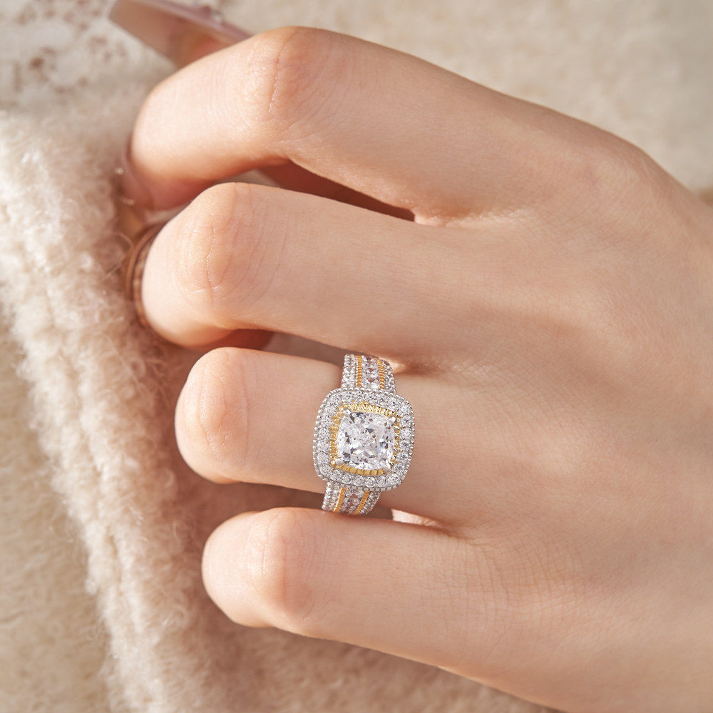 Cushion Cut Diamond White Sterling Silver Two-tone Halo Engagement Ring