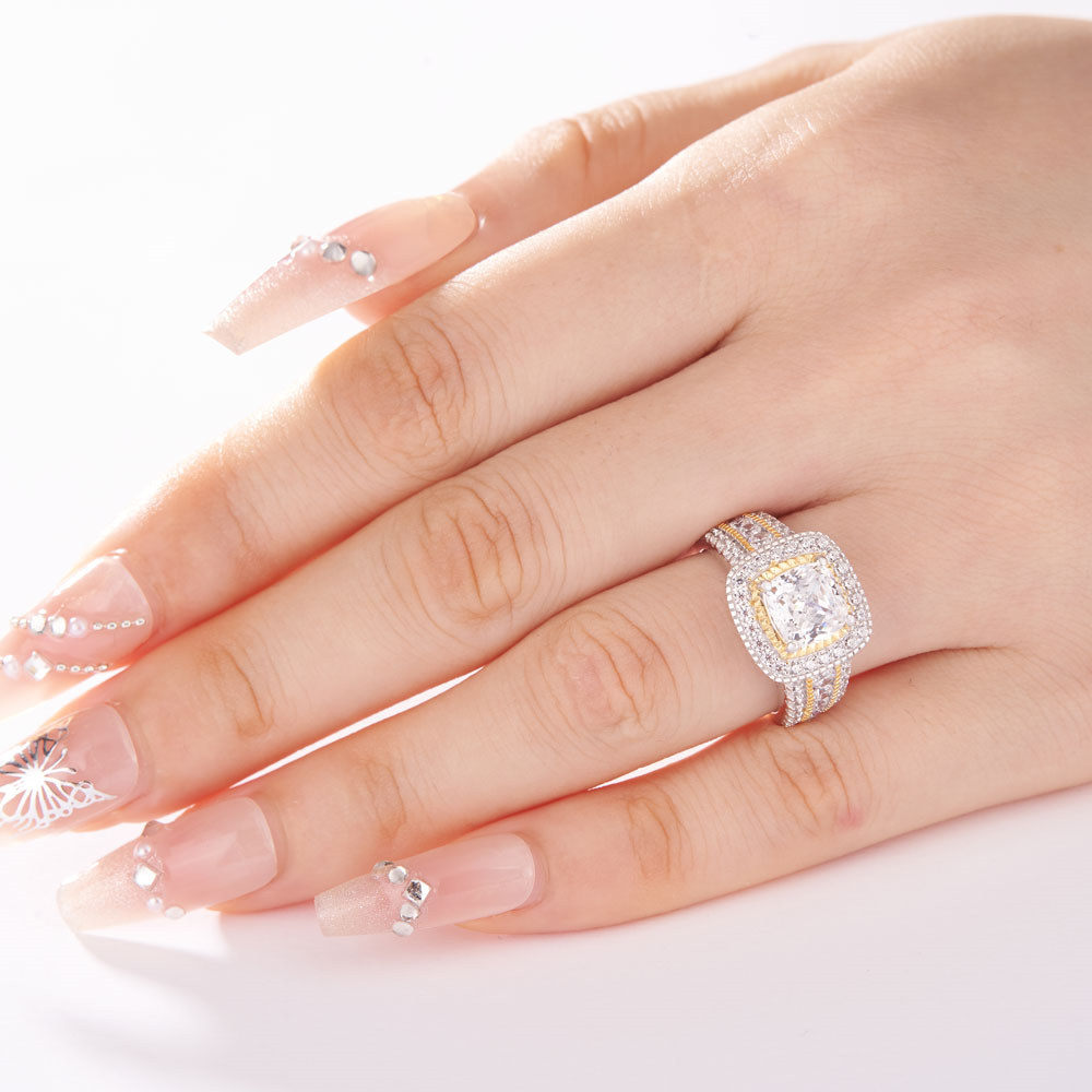 Cushion Cut Diamond White Sterling Silver Two-tone Halo Engagement Ring