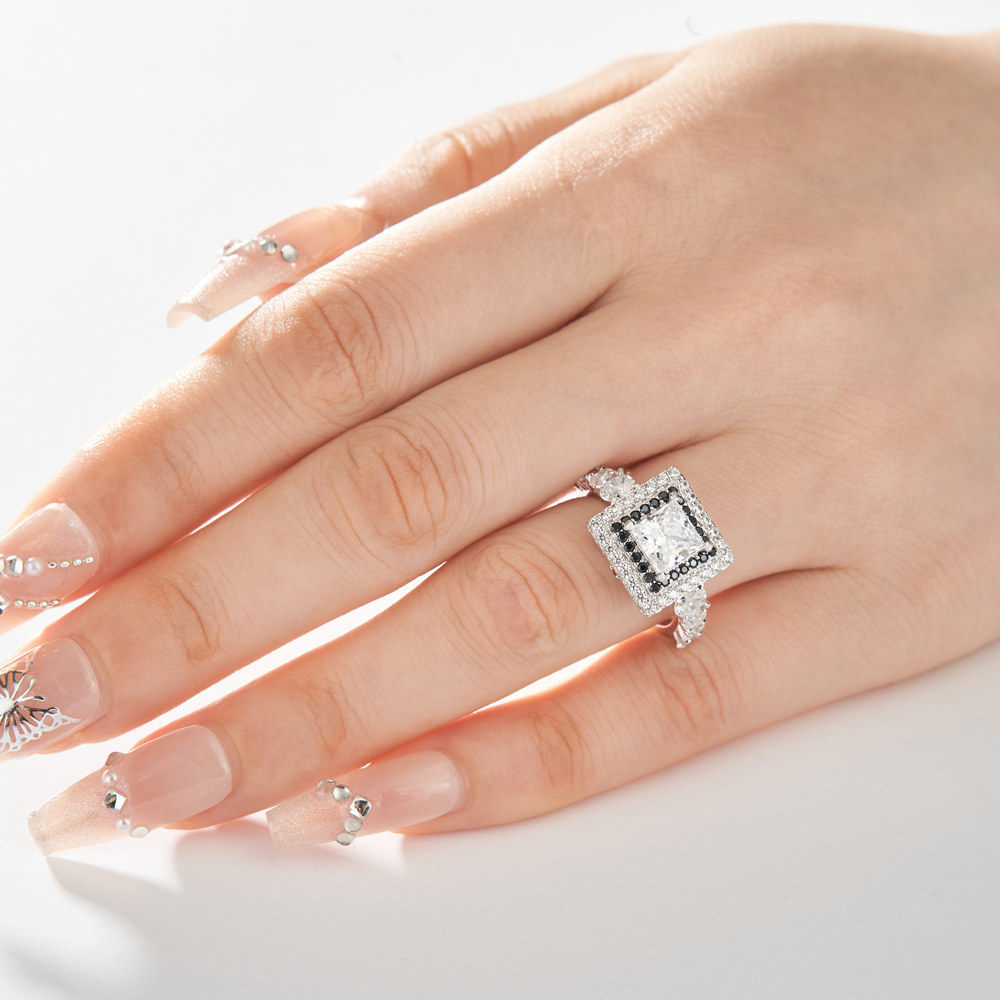 Princess Cut Diamond White and Black Gemstone Sterling Silver Double Halo Engagement Ring