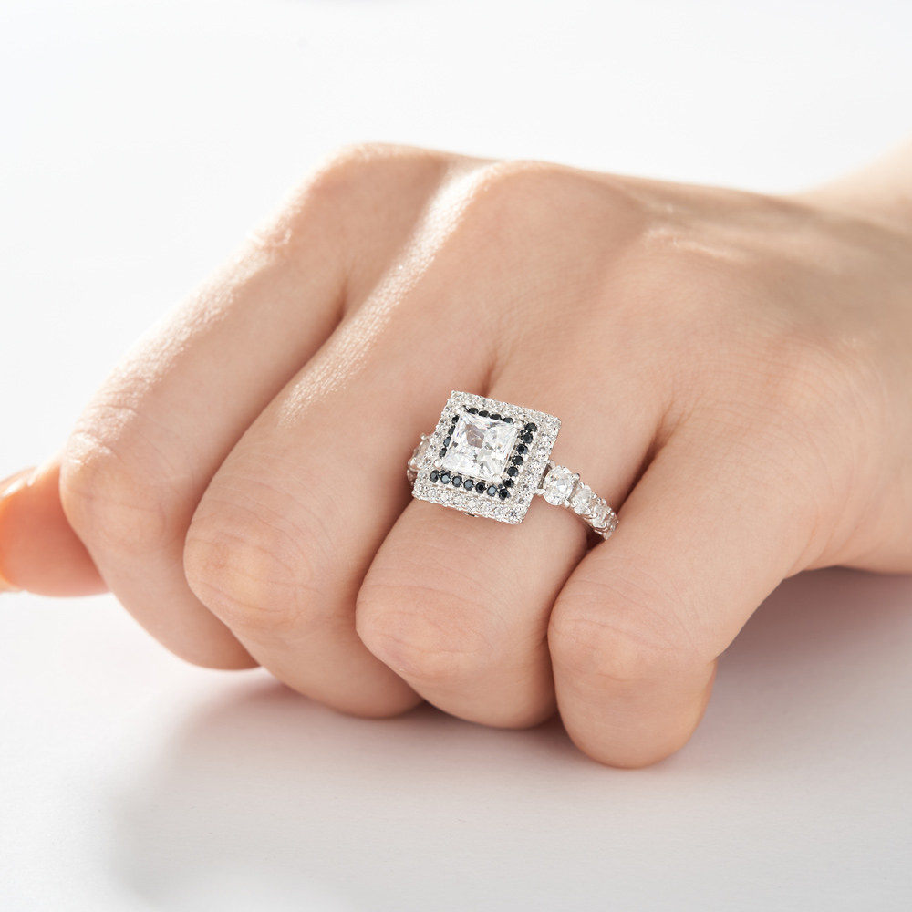 Princess Cut Diamond White and Black Gemstone Sterling Silver Double Halo Engagement Ring