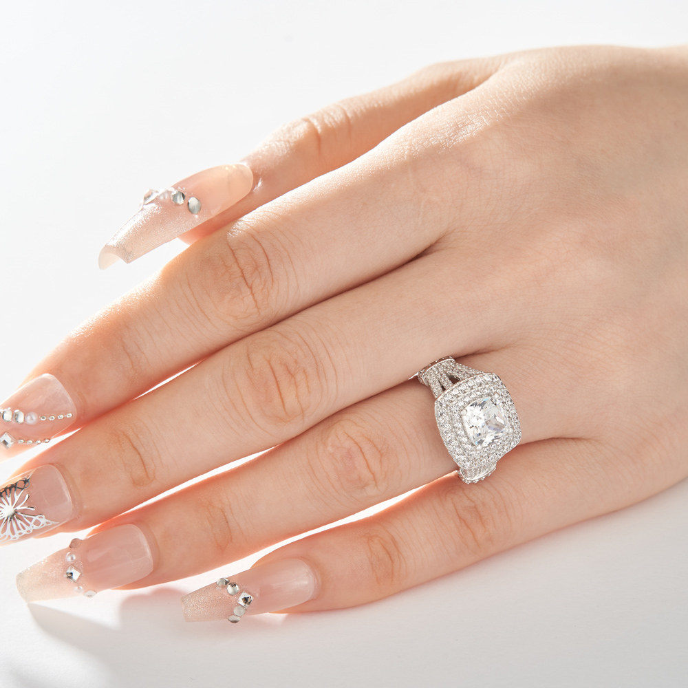 Cushion Cut Diamond White Sterling Silver Double Halo Engagement Ring