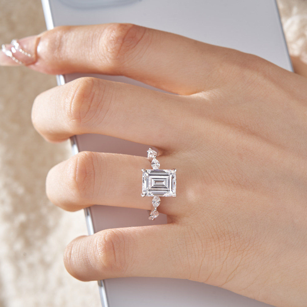 Emerald Cut Diamond White Sterling Silver Hidden Halo Engagement Ring