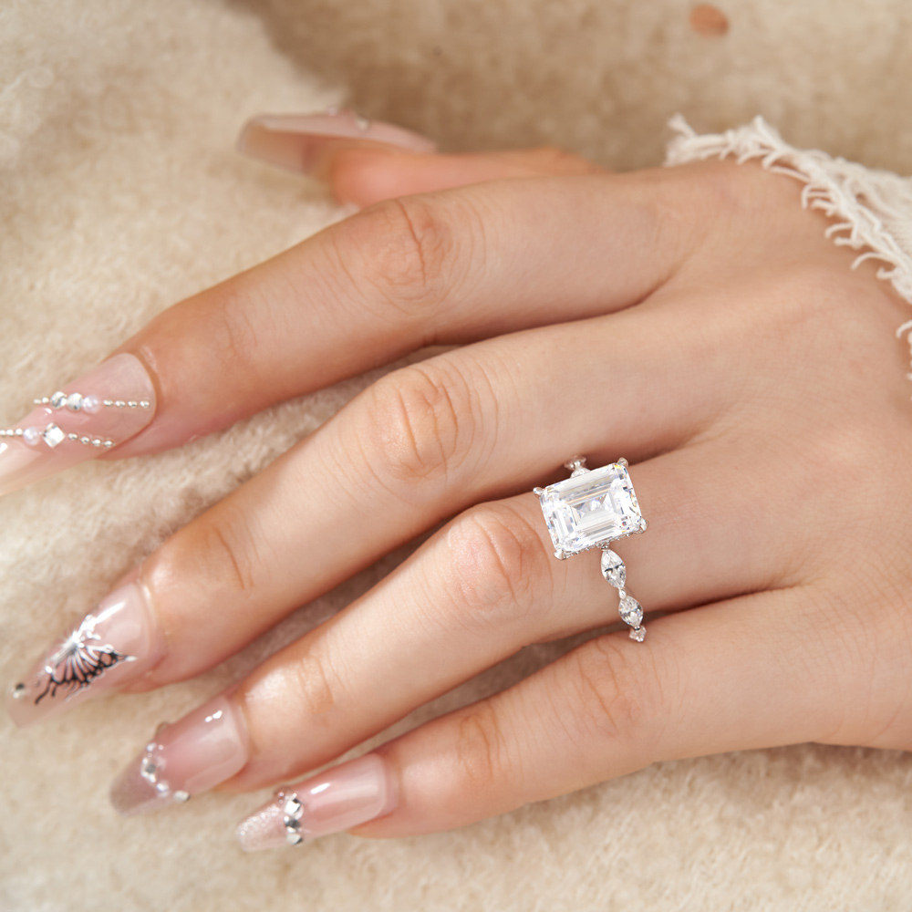 Emerald Cut Diamond White Sterling Silver Hidden Halo Engagement Ring