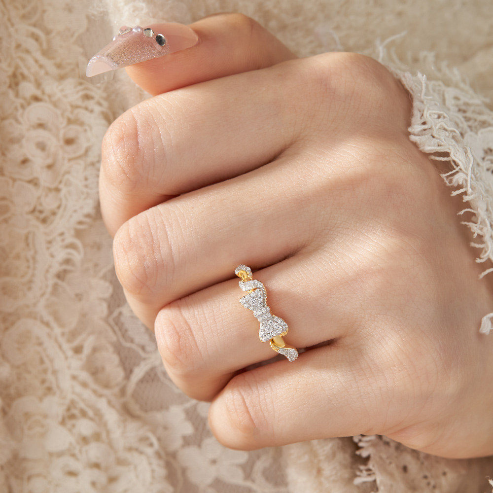 Round Cut Diamond White Sterling Silver Yellow Gold Bow Knot Ring