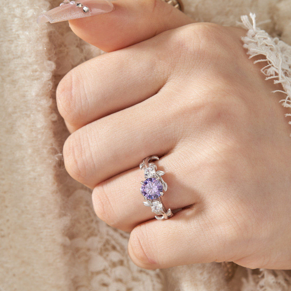 Round Cut Amethyst Purple 925 Sterling Silver Leaves 3-Stone Engagement Ring