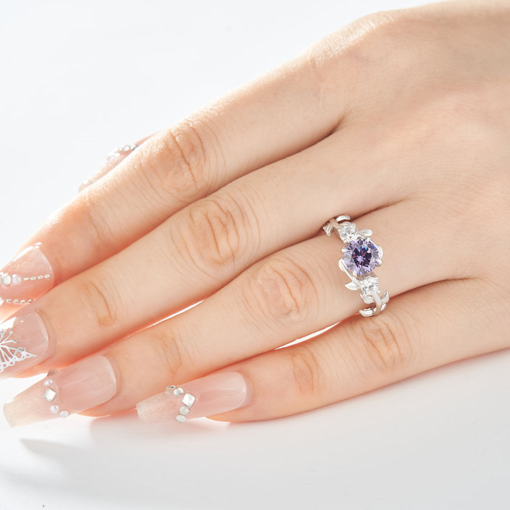 Round Cut Amethyst Purple 925 Sterling Silver Leaves 3-Stone Engagement Ring