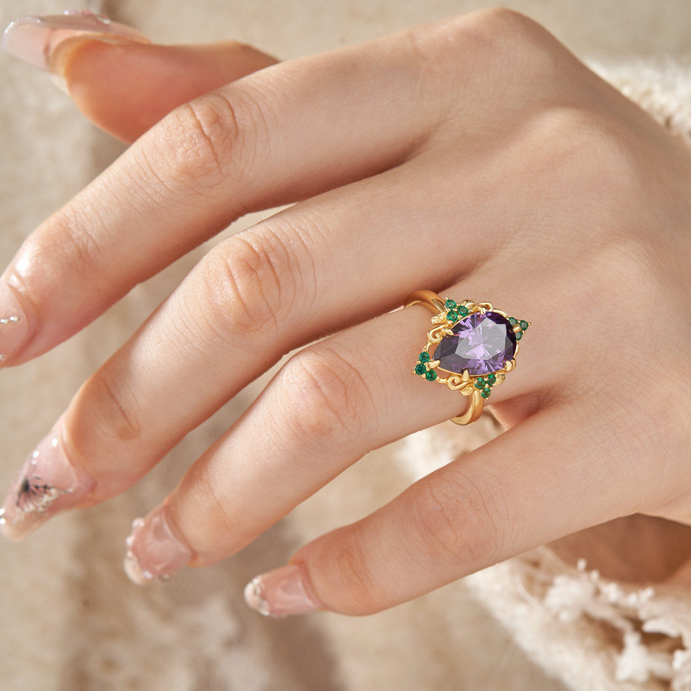 Vintage Pear Cut Amethyst Purple Sterling Silver Yellow Gold Floral Engagement Ring