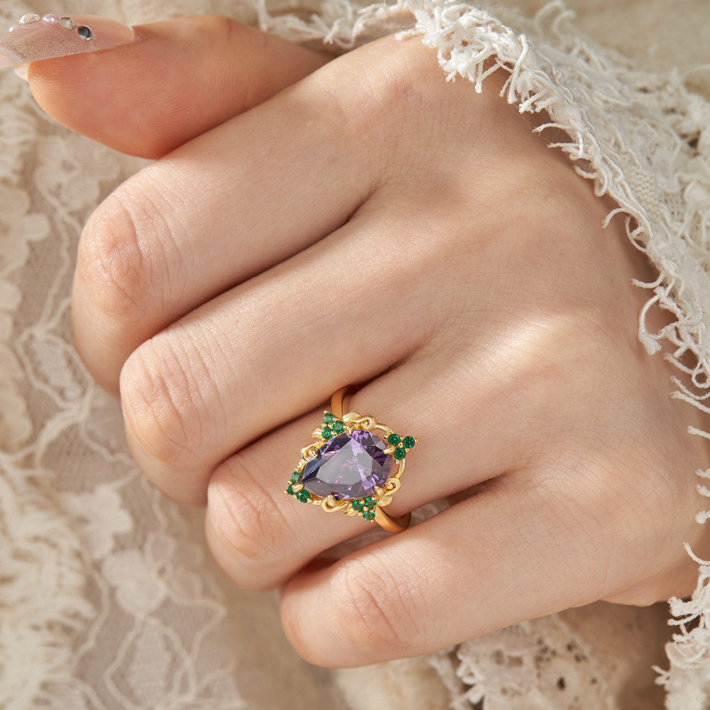 Vintage Pear Cut Amethyst Purple Sterling Silver Yellow Gold Floral Engagement Ring