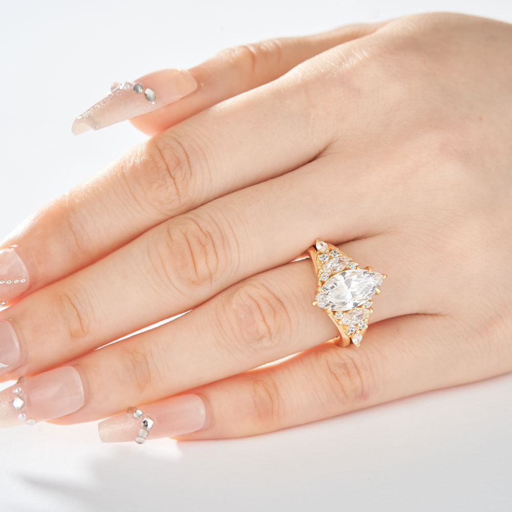 Marquise Cut Diamond White Sterling Silver Yellow Gold Engagement Ring