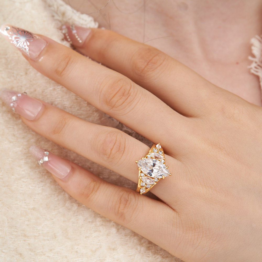 Marquise Cut Diamond White Sterling Silver Yellow Gold Engagement Ring