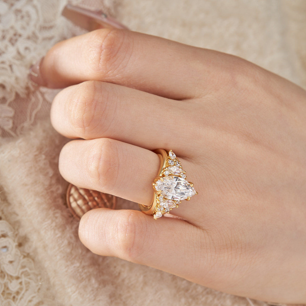 Marquise Cut Diamond White Sterling Silver Yellow Gold Engagement Ring