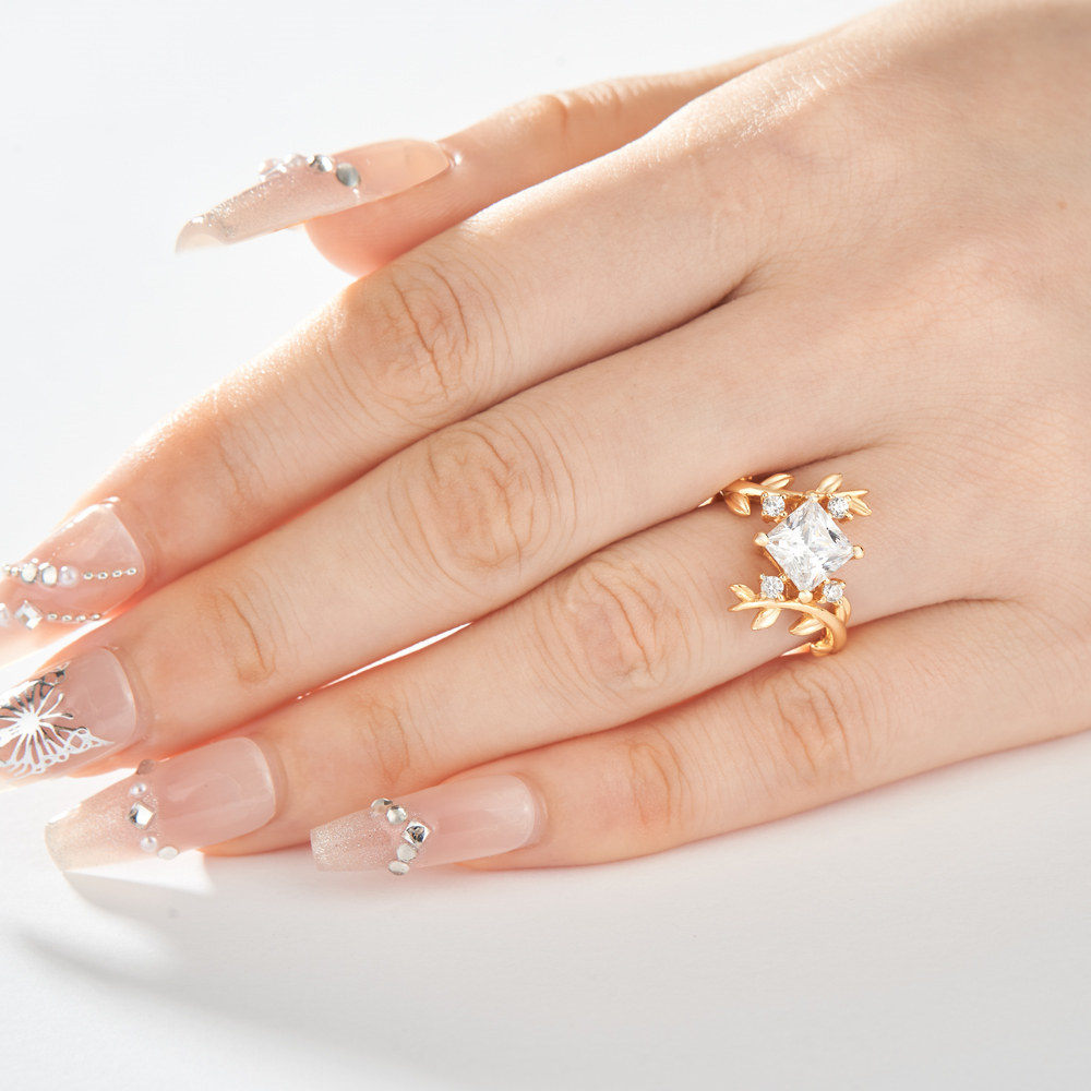 Princess Cut Diamond White Sterling Silver Yellow Gold Nature-Inspired Leaf Ring