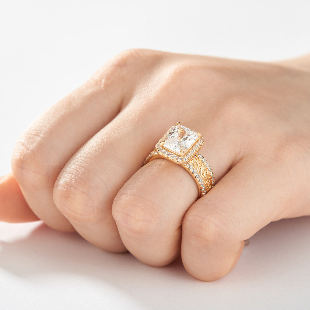 Vintage Radiant Cut Diamond White Sterling Silver Yellow Gold Halo Engagement Ring