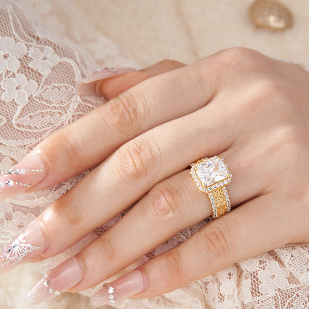 Vintage Radiant Cut Diamond White Sterling Silver Yellow Gold Halo Engagement Ring