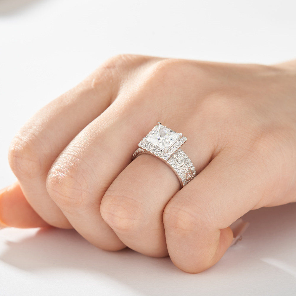 Vintage Princess Cut Diamond White 925 Sterling Silver Halo Engagement Ring