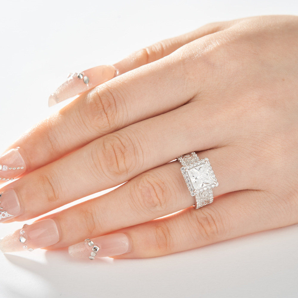 Vintage Princess Cut Diamond White 925 Sterling Silver Halo Engagement Ring