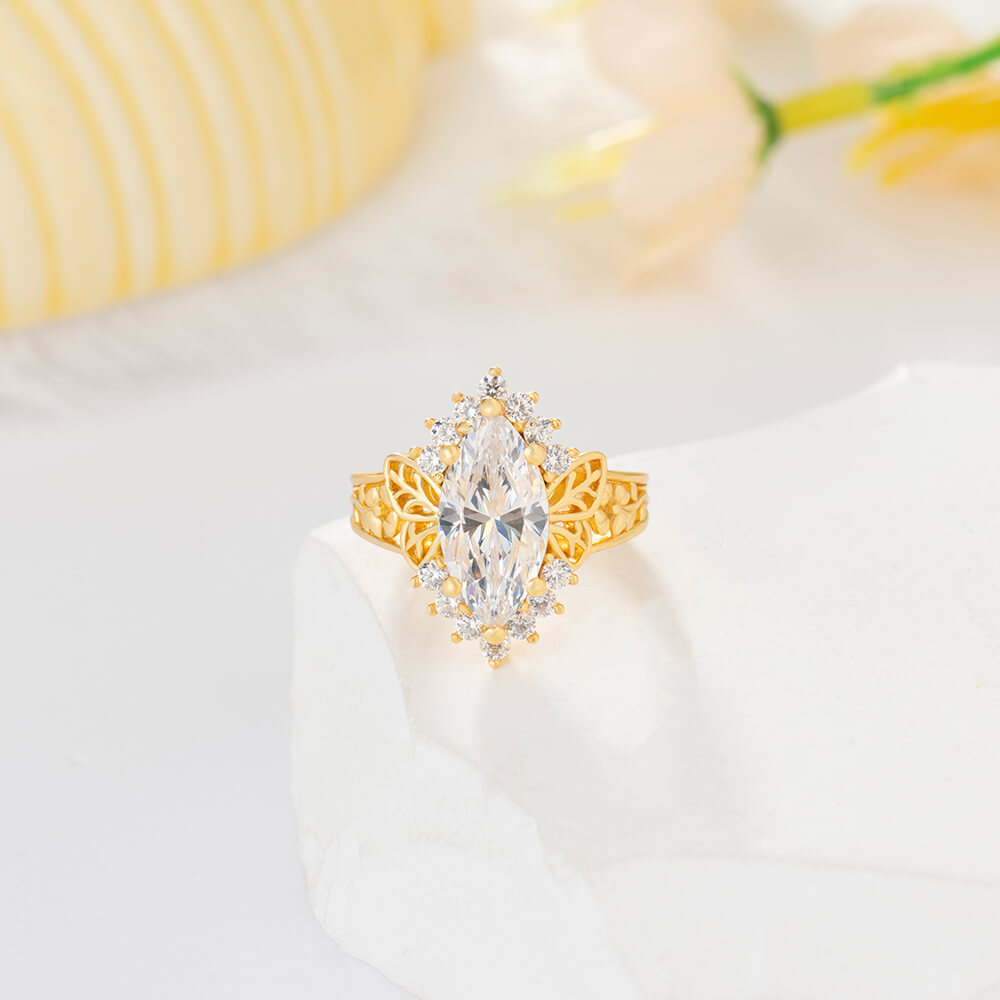 Yellow Gold Marquise Cut Diamond White 925 Sterling Silver Butterfly & Floral Women's Ring