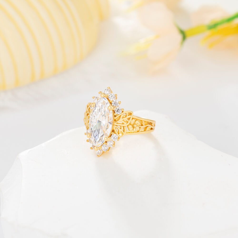 Yellow Gold Marquise Cut Diamond White 925 Sterling Silver Butterfly & Floral Women's Ring
