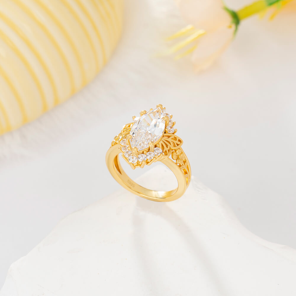 Yellow Gold Marquise Cut Diamond White 925 Sterling Silver Butterfly & Floral Women's Ring