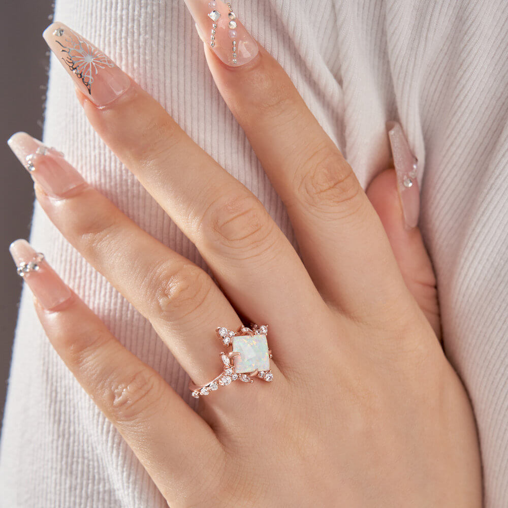 Princess Cut Opal Sterling Silver Rose Gold Engagement Ring