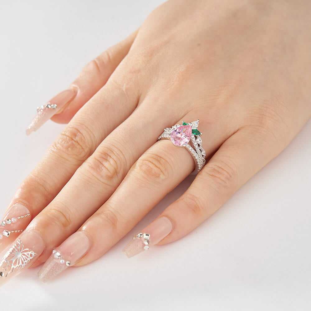 Pear Cut Fancy Pink 925 Sterling Silver Floral Women's Ring