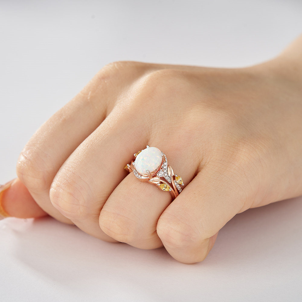 Oval Cut Opal Sterling Silver Rose Gold Leaf Engagement Ring