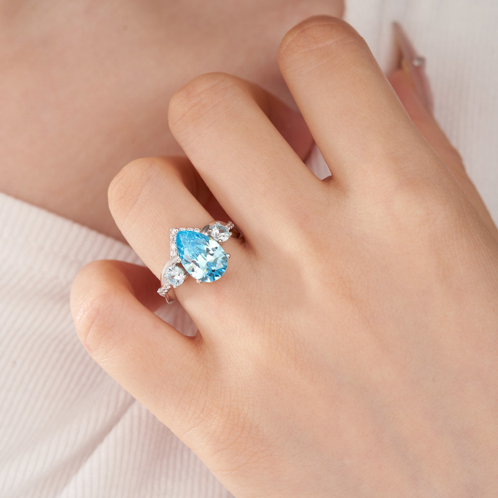 Pear Cut Aquamarine Blue 925 Sterling Silver Twisted Engagement Ring