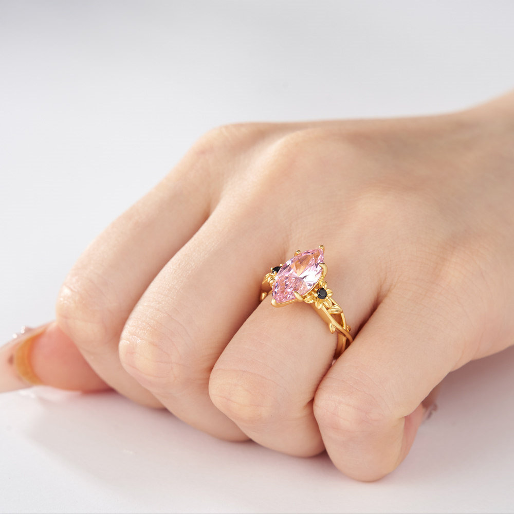 Marquise Cut Fancy Pink Sterling Silver Yellow Gold Flower Engagement Ring