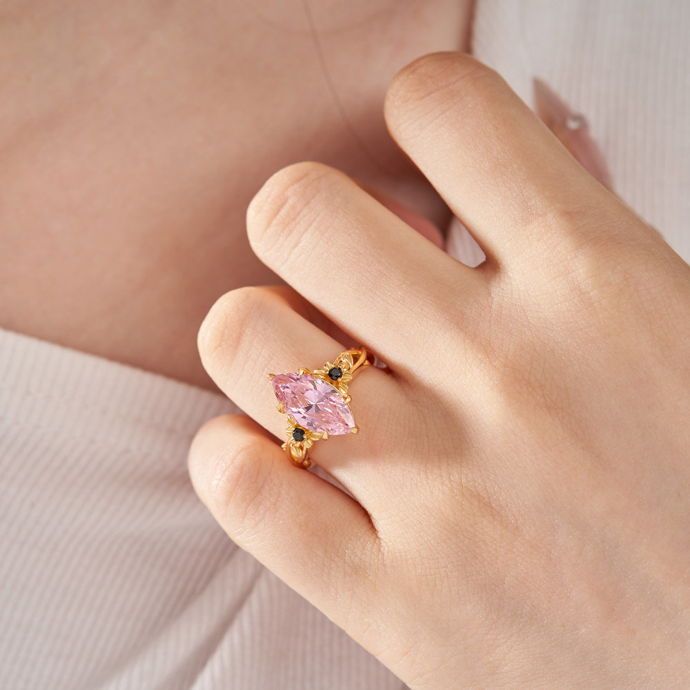 Marquise Cut Fancy Pink Sterling Silver Yellow Gold Flower Engagement Ring