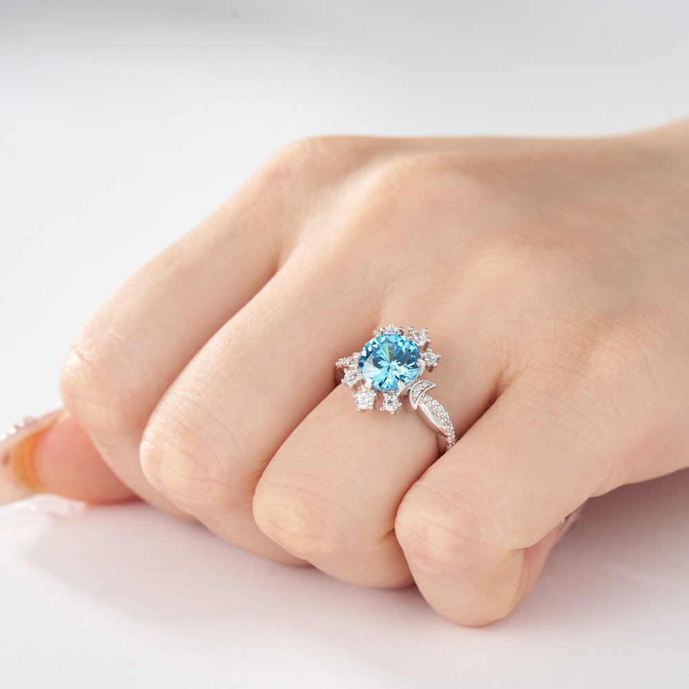 Round Cut Aquamarine Blue 925 Sterling Silver Moon Twisted Engagement Ring